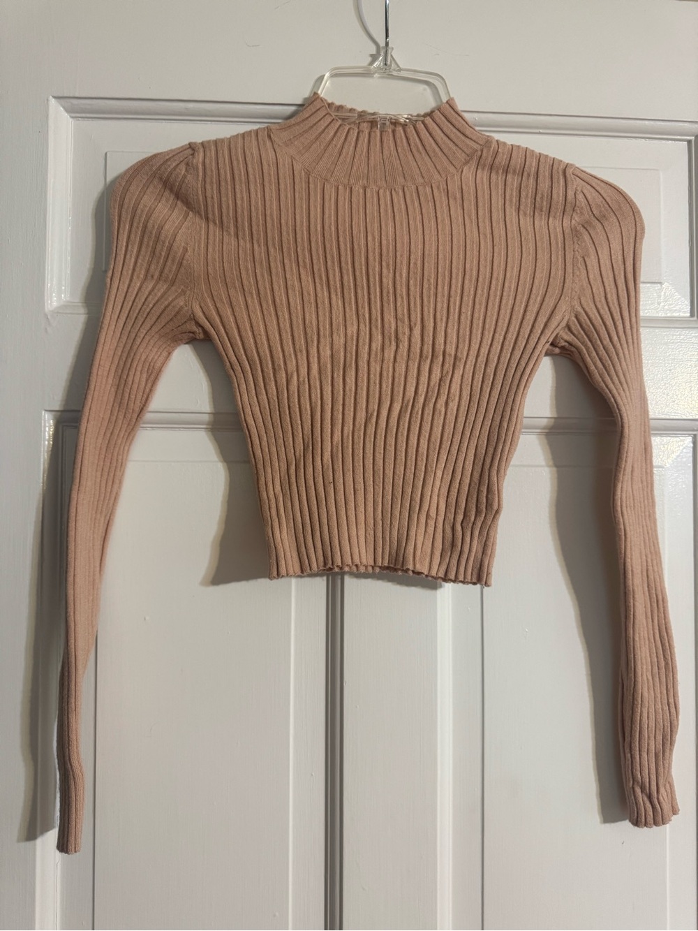 Kendall & Kylie Ribbed Mock Neck Cropped Top - Tan